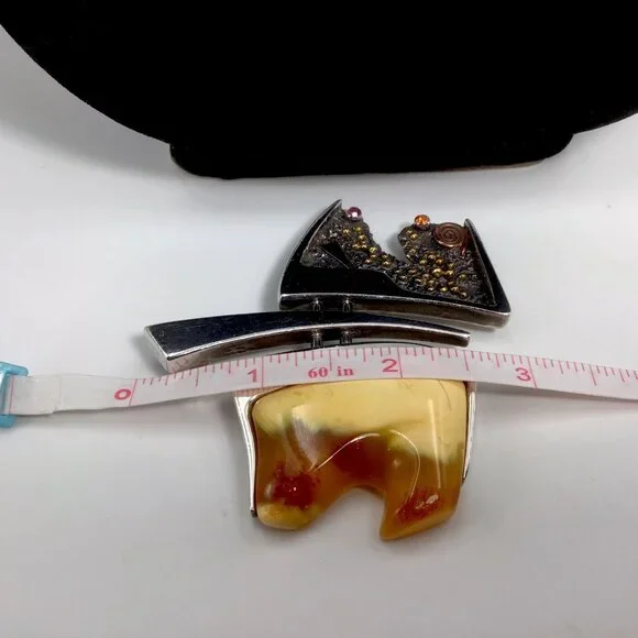 Sterling Silver Artisan Amber Art Deco Brooch/ Pendant Vintage 51 Grams 3”